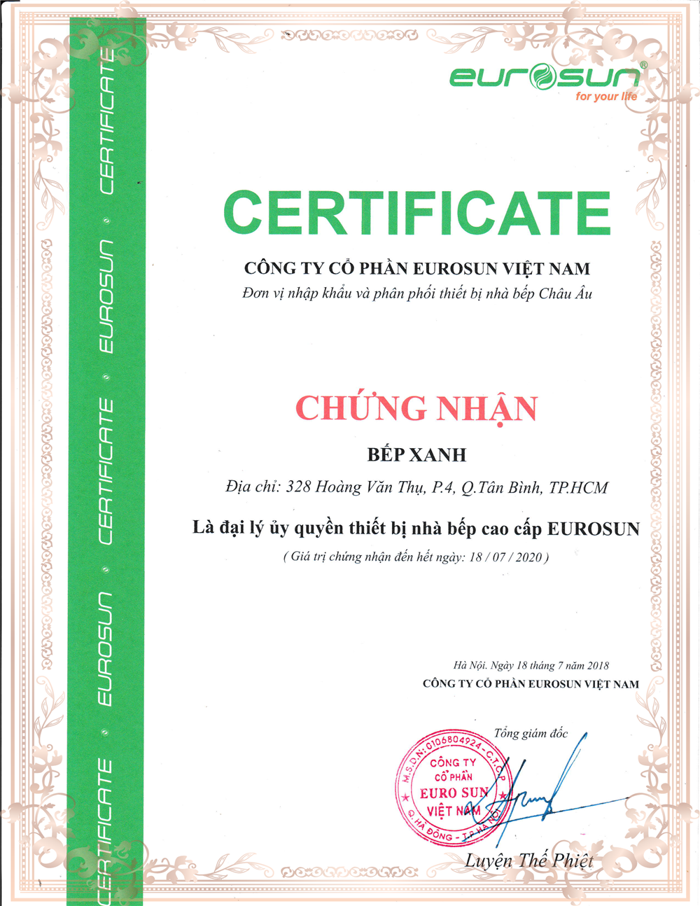 Chứng nhận đại lý Eurosun