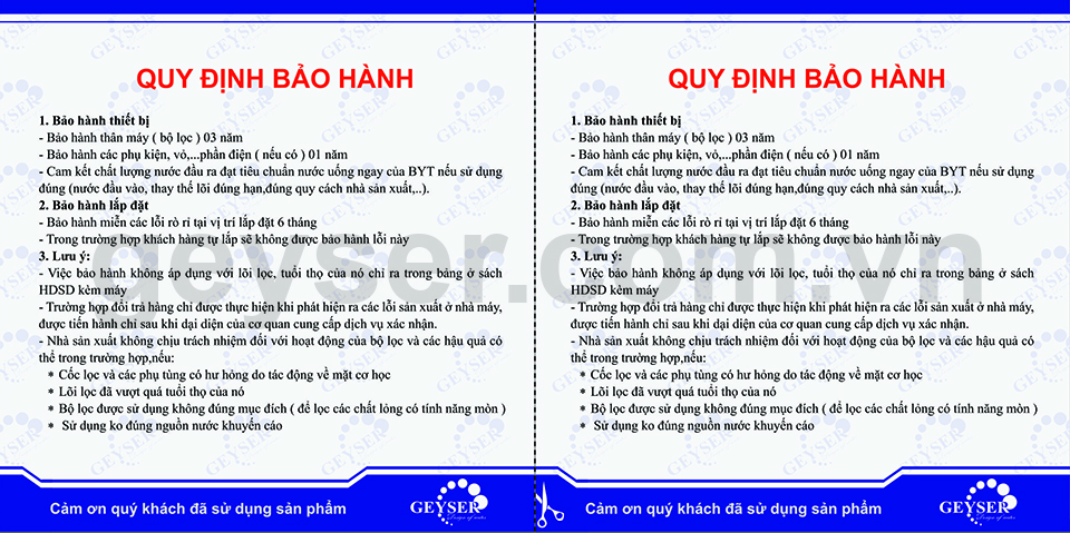 Phiếu bảo hành Geyser Phiếu bảo hành Geyser